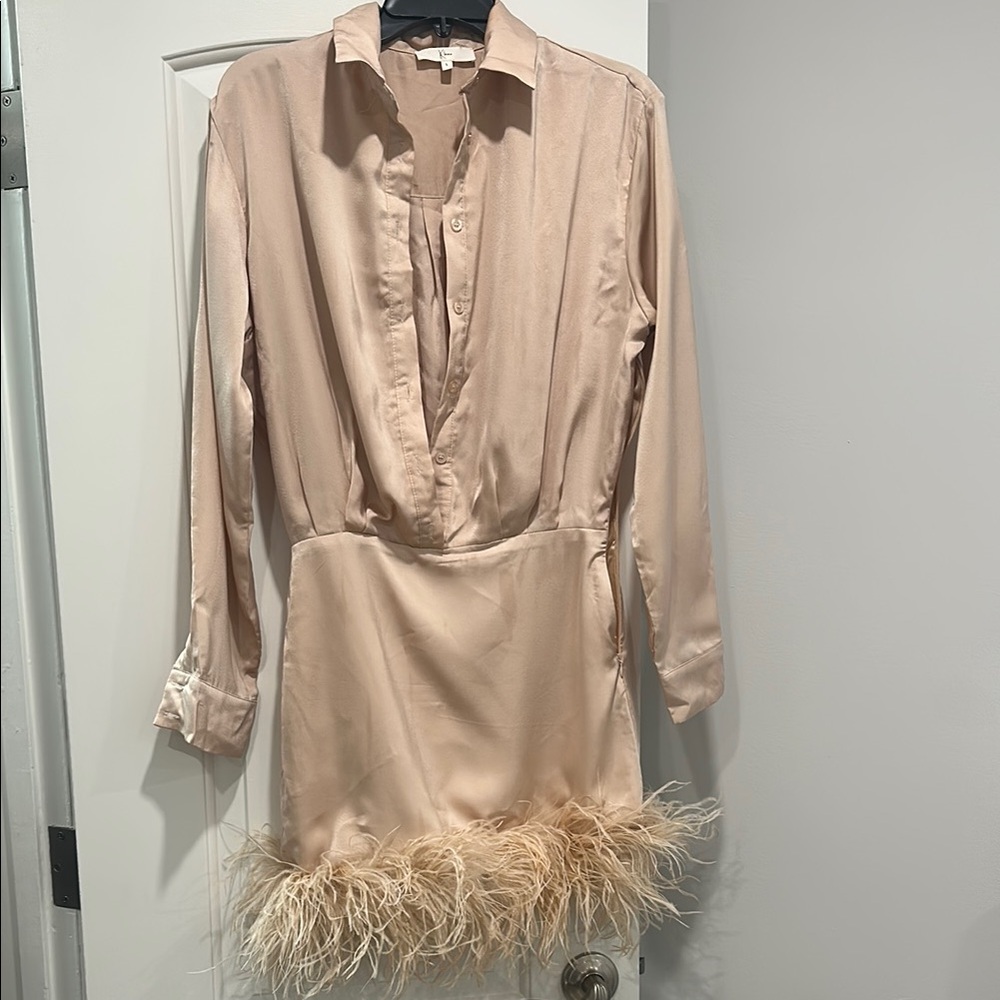 Elegant Feather Trim Satin Dress